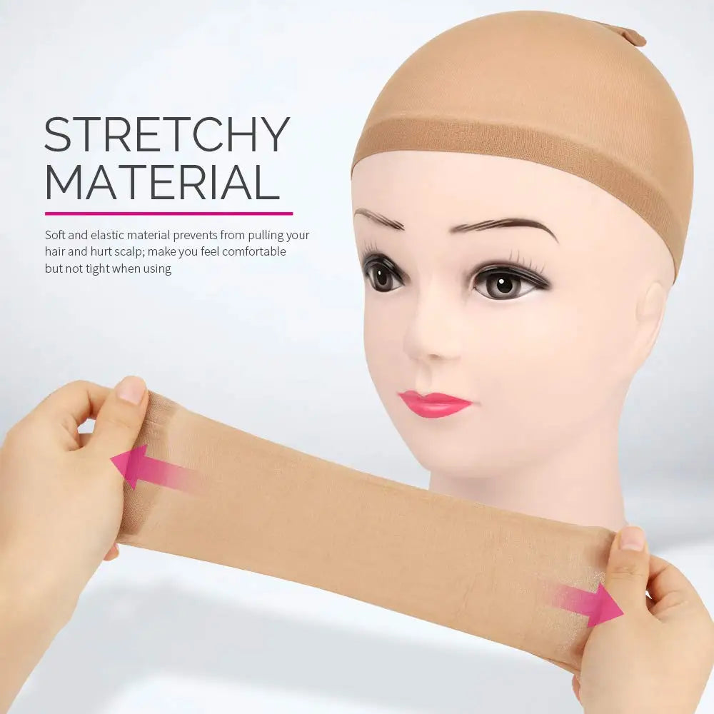 A hand is demonstrating a stretchy material used for hair netting, showing its flexibility on a mannequin head.