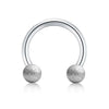 Silver barbell ring set with a smooth curved bar and two textured spherical ends