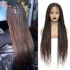 A model displays a 36 inch full lace box braids wig in dark brown color.