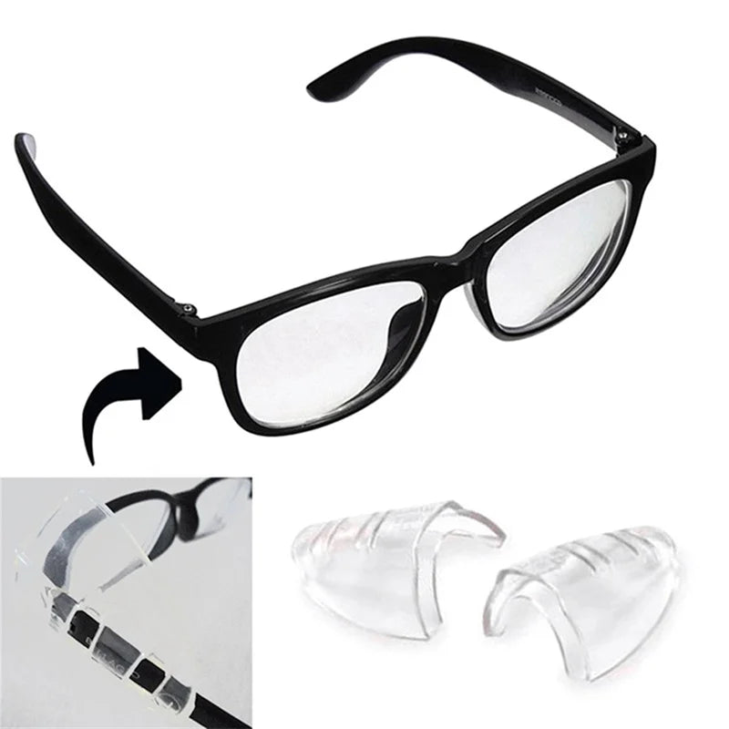 A pair of black eyeglasses and flexible clear eye shields for protection
