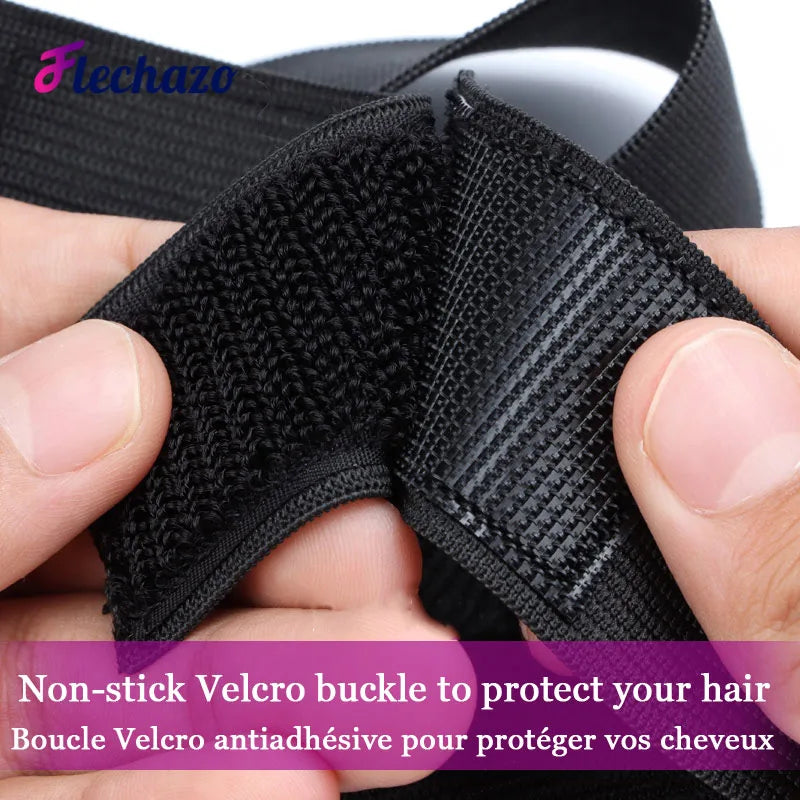 Close-up of a black non-stick Velcro buckle used to secure hair, showing the texture and stitching.