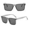 A pair of gray square frame sunglasses shown in two views.