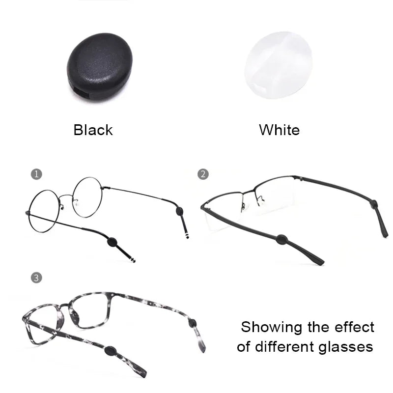 Black and white silicone ear hooks for glasses shown alongside different colored lenses