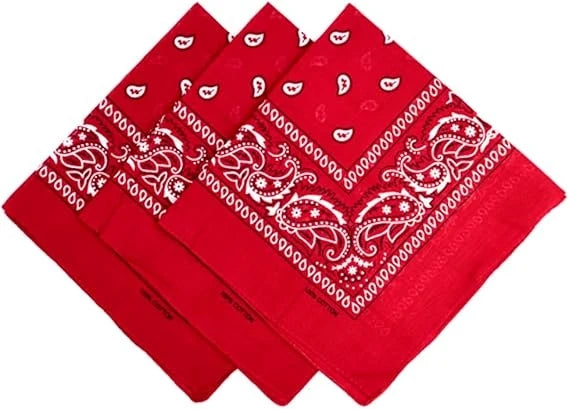 Red paisley bandana headband fabric with white embroidery shown diagonally