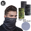 A man wearing a black Musion breathable mask scarf, with additional rolled-up scarves shown.