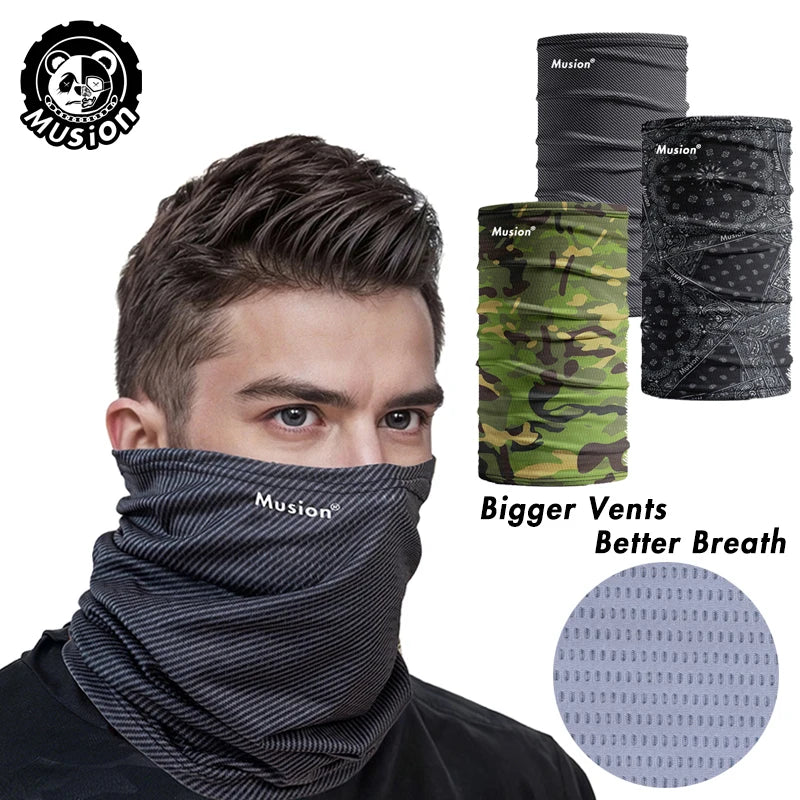 A man wearing a black Musion breathable mask scarf, with additional rolled-up scarves shown.