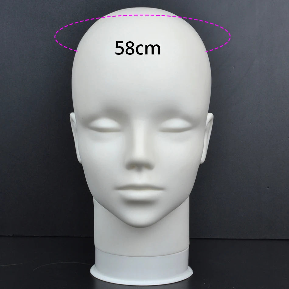 A white professional mannequin head with a measurement line indicating 58cm.