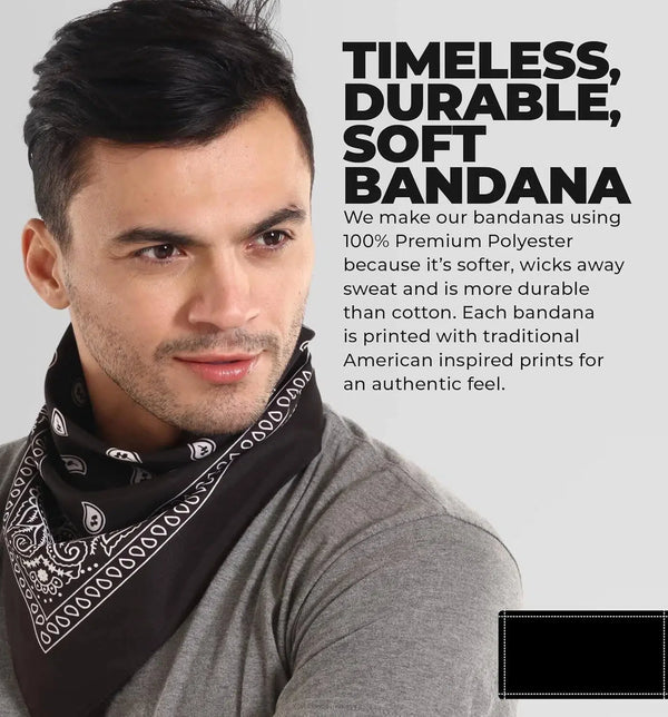 A man wearing a black paisley bandana around his neck, promoting a timeless and durable soft bandana.
