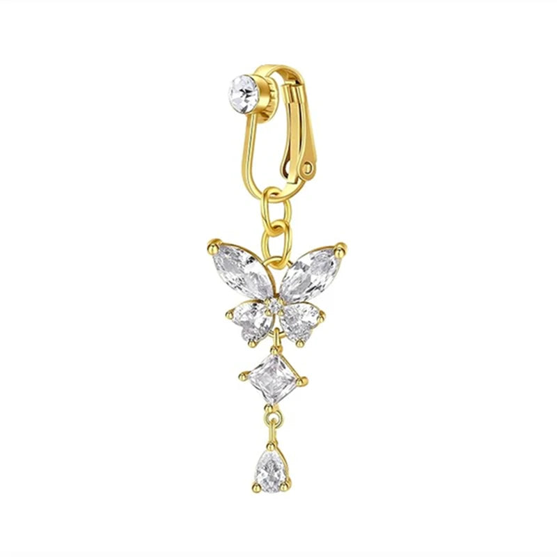 Gold-toned fashion belly button rings featuring a butterfly charm and a teardrop pendant.