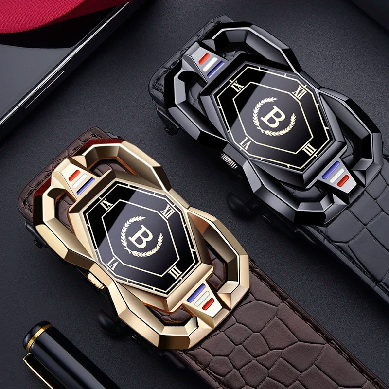 A close-up of a black and gold men's automatic buckle watch and belt with a crocodile pattern.