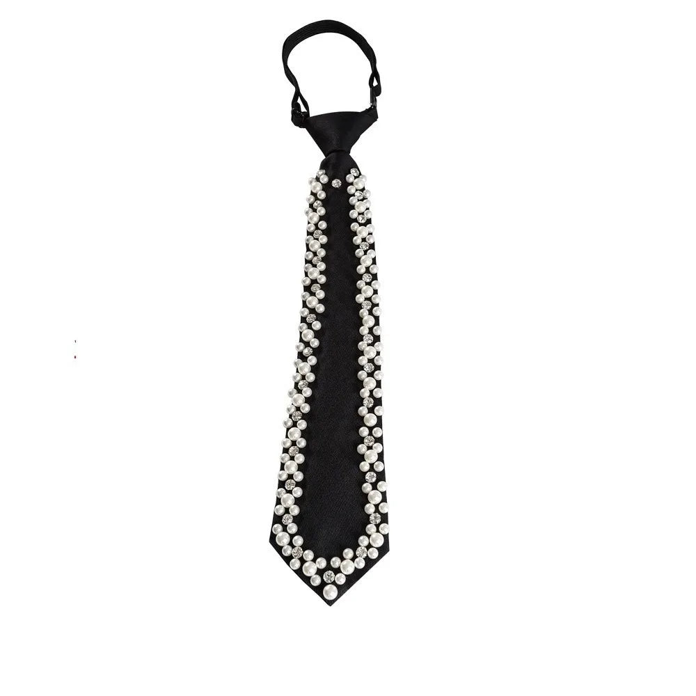 Elegant black tie adorned with a line of white pearls and rhinestones