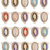 A collection of ornate gold and pearl rosary centerpiece connectors featuring depictions of the Virgin Mary.