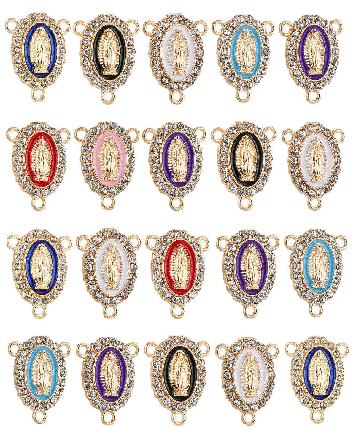 A collection of ornate gold and pearl rosary centerpiece connectors featuring depictions of the Virgin Mary.