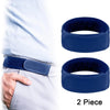 Two navy blue elastic waist belts shown separately and being worn on a person's waist.