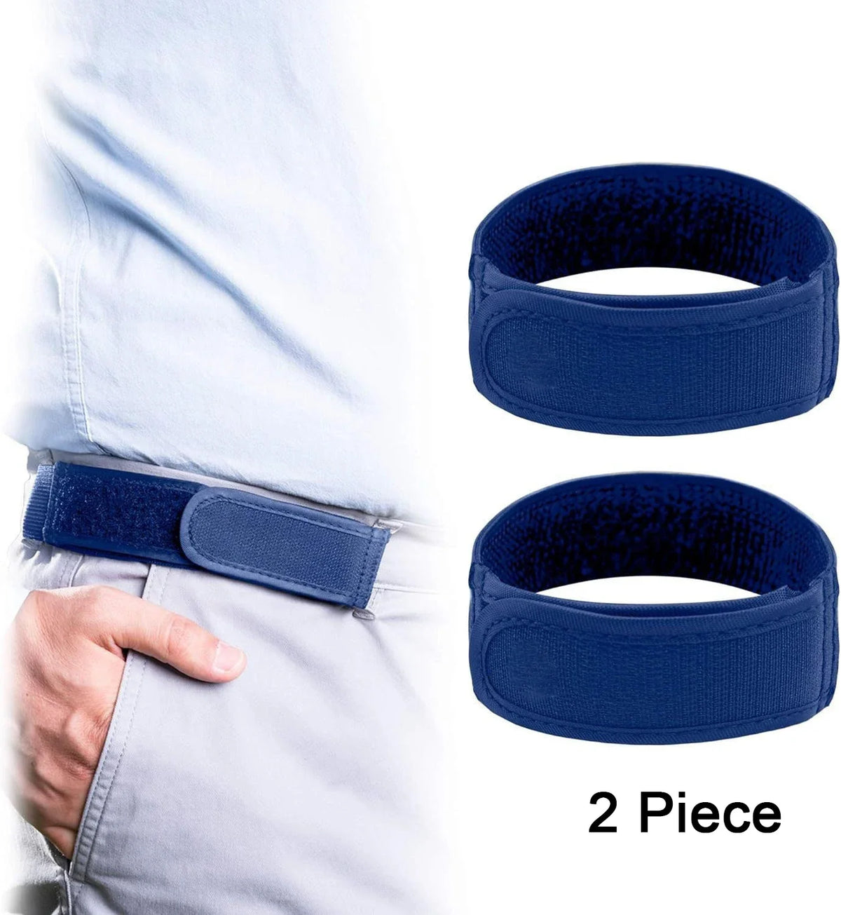 Two navy blue elastic waist belts shown separately and being worn on a person's waist.