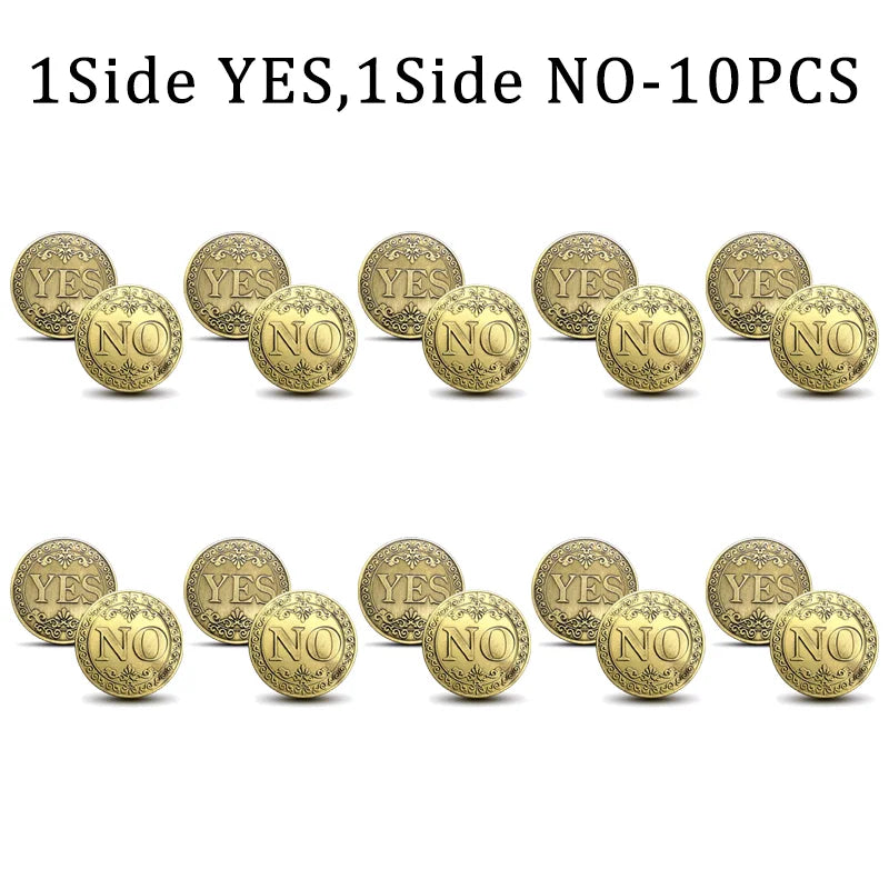 A collection of vintage antique bronze decision coins labeled YES and NO, packaged in 10 pieces.