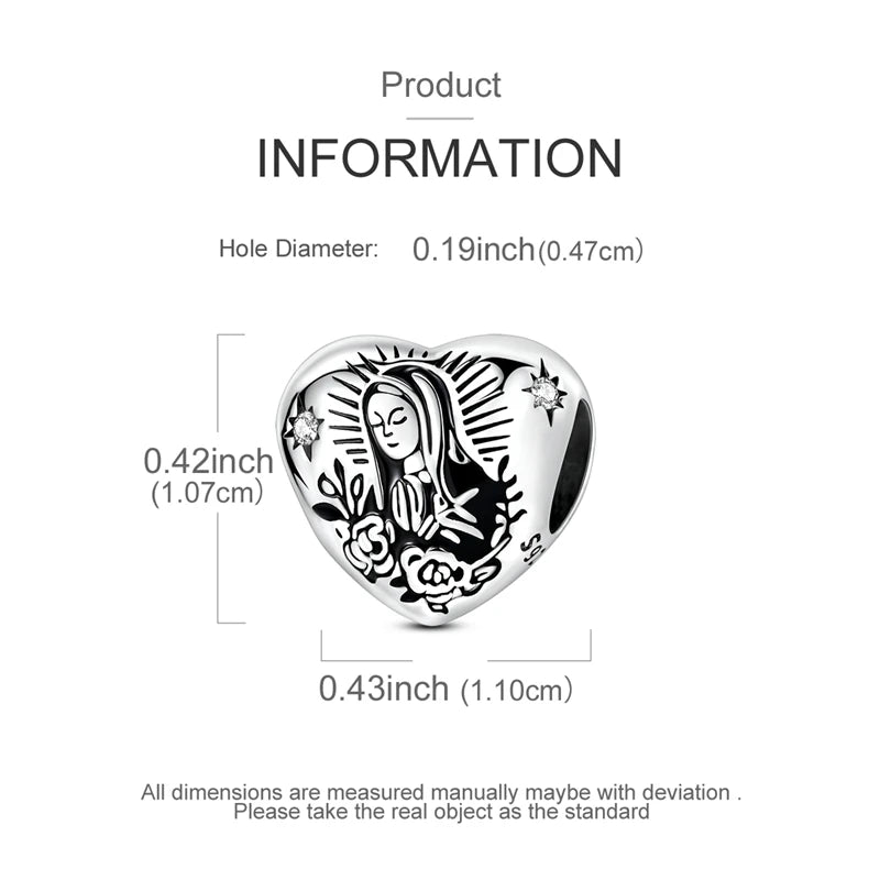 A sterling silver heart-shaped charm with a woman's face and stars, measuring 0.42 inches.