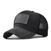 A black unisex tactical baseball cap featuring a distressed American flag design on the front.