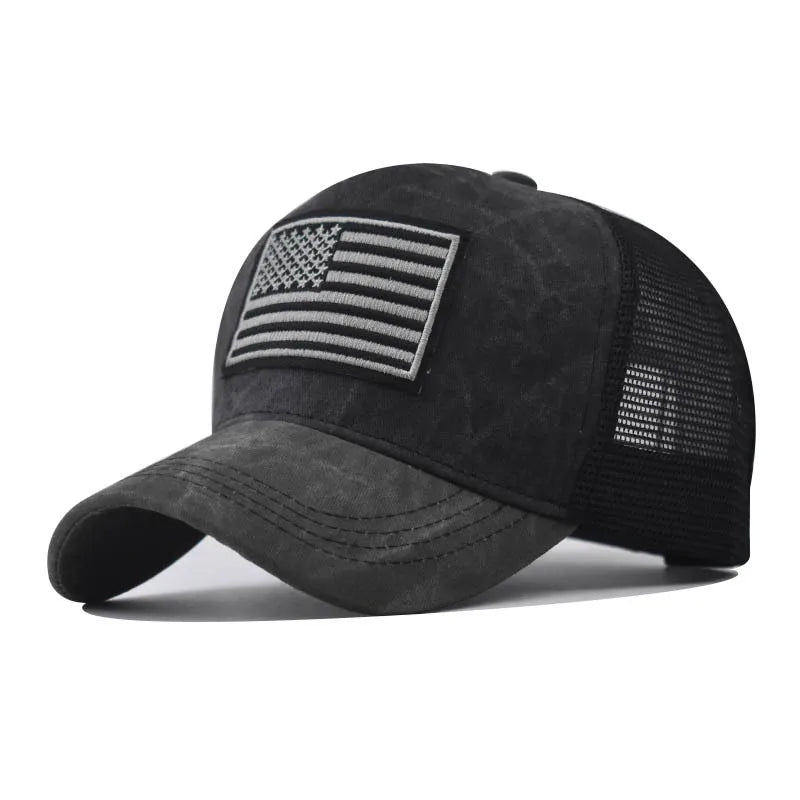 A black unisex tactical baseball cap featuring a distressed American flag design on the front.