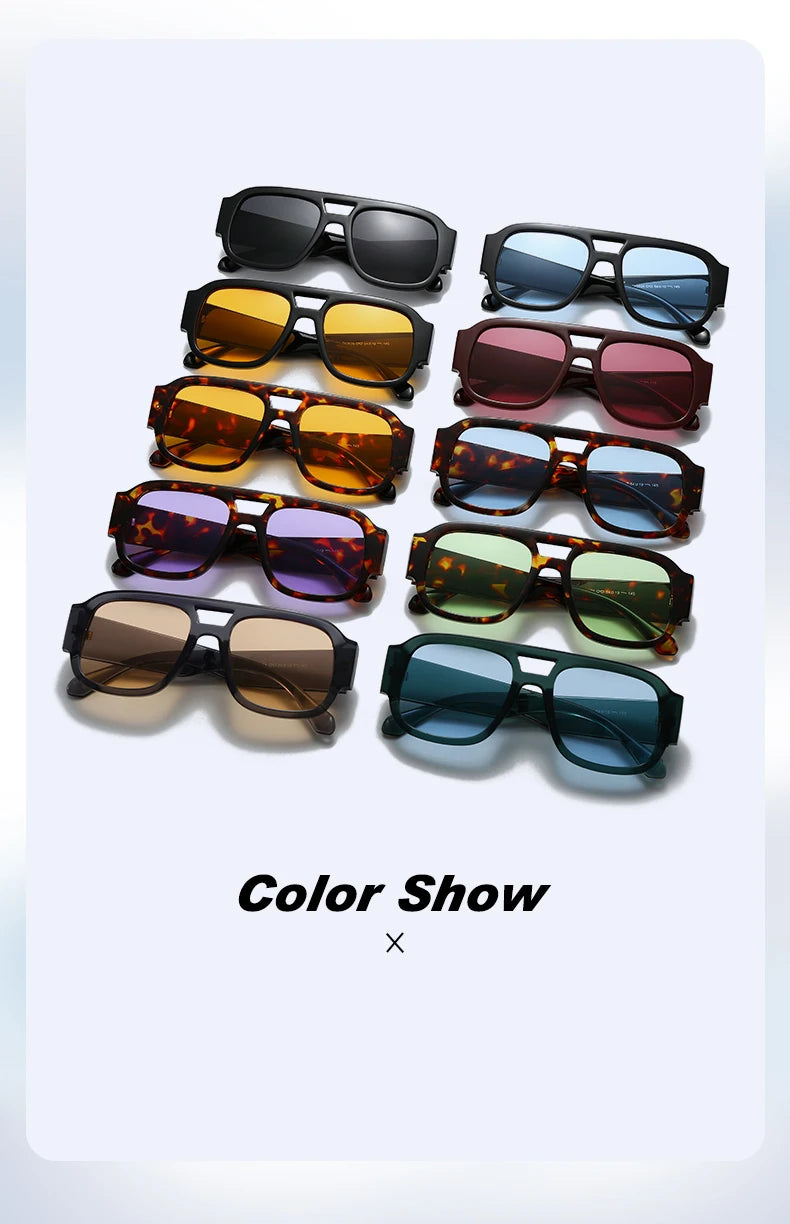 Présentation de diverses lunettes de soleil carrées vintage aux différentes teintes et finitions.