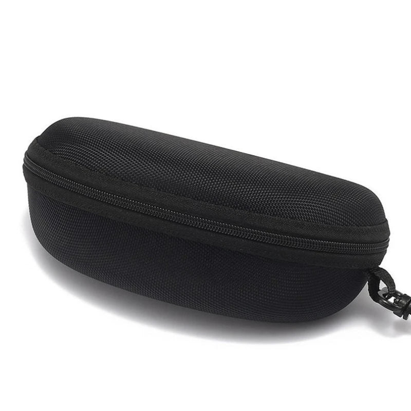 Black retro oval sunglasses case with a zippered closure