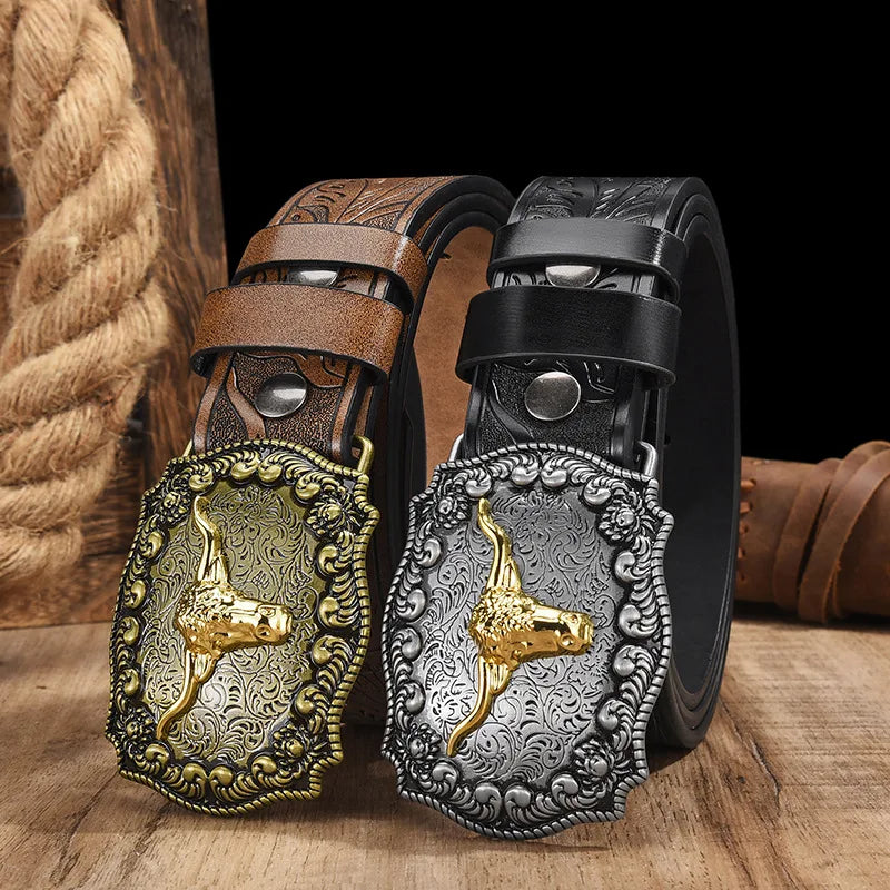 A vintage western PU leather belt with a silver buckle resting on a wooden surface.