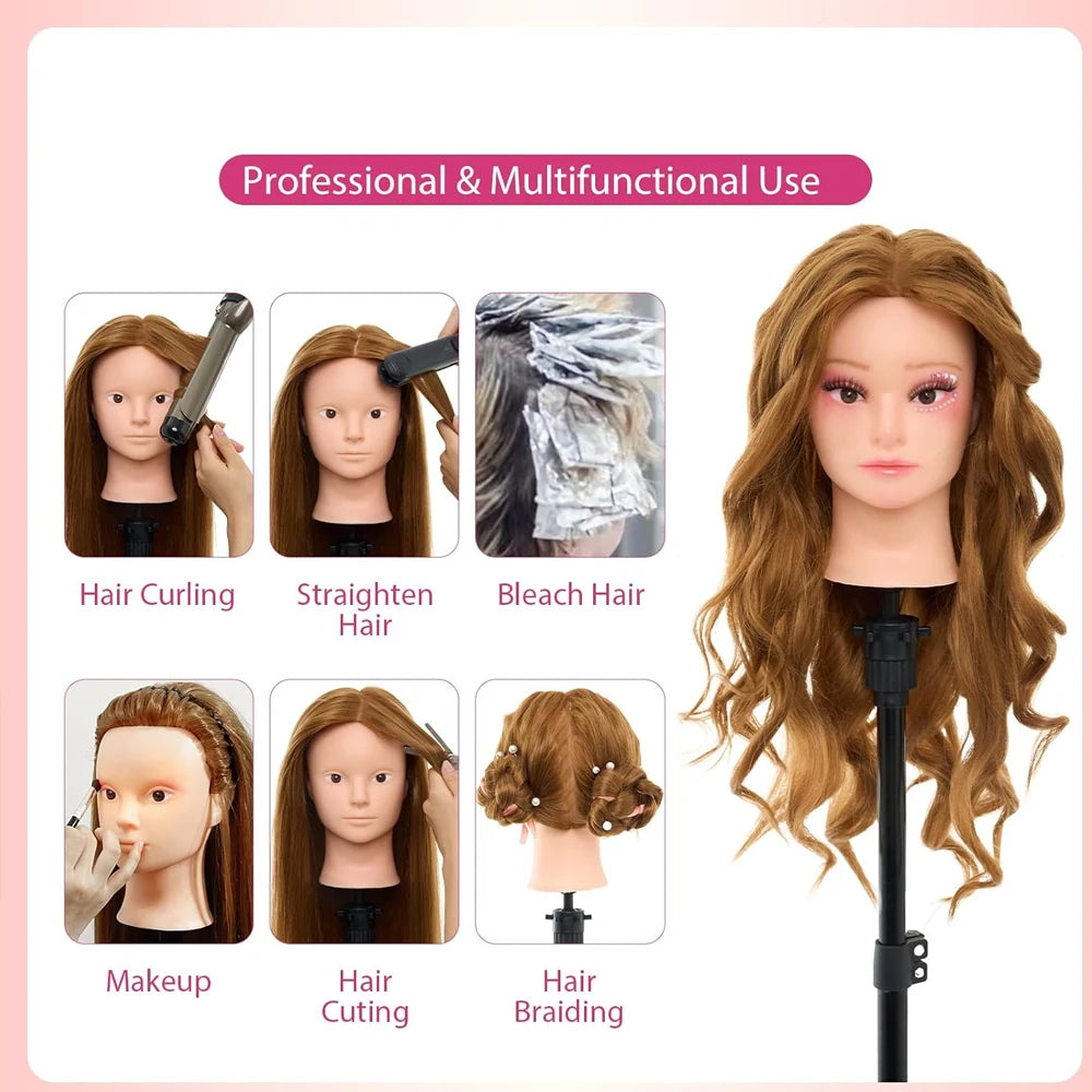 A set of professional cosmetology practice mannequin heads demonstrating various hair styling techniques like curling, straig