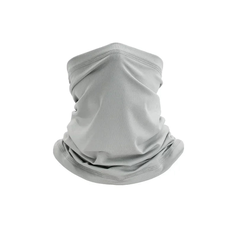 A light gray breathable multi-use mesh scarf folded and displayed against a white background.