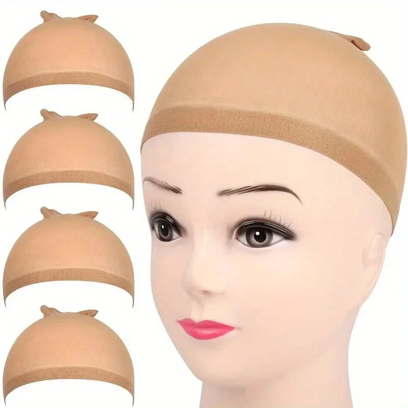 A set of beige high elasticity wig caps and hair netting displayed on a mannequin head.