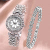 Silver rhinestone quartz watch and bracelet set featuring intricate floral designs