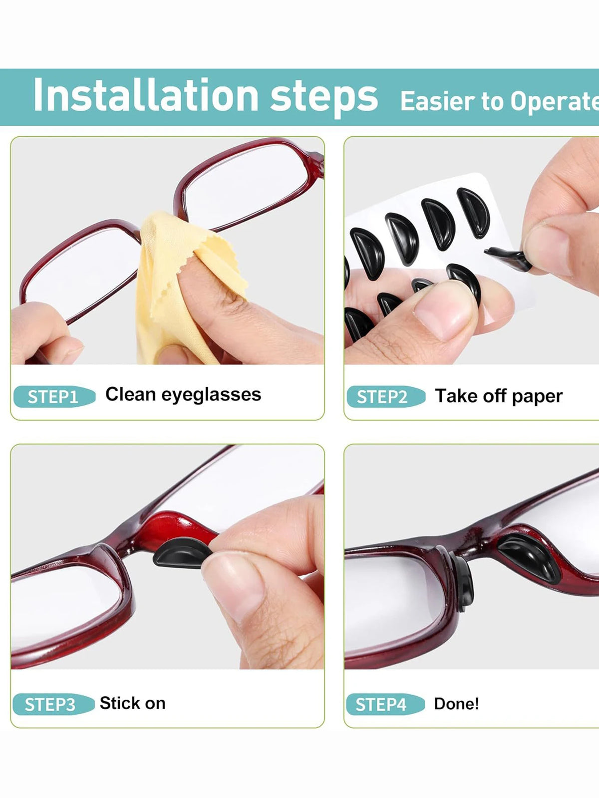 Pasos de instalación mostrando cómo limpiar gafas, quitar papel, poner almohadillas nasales y finalizar el proceso.