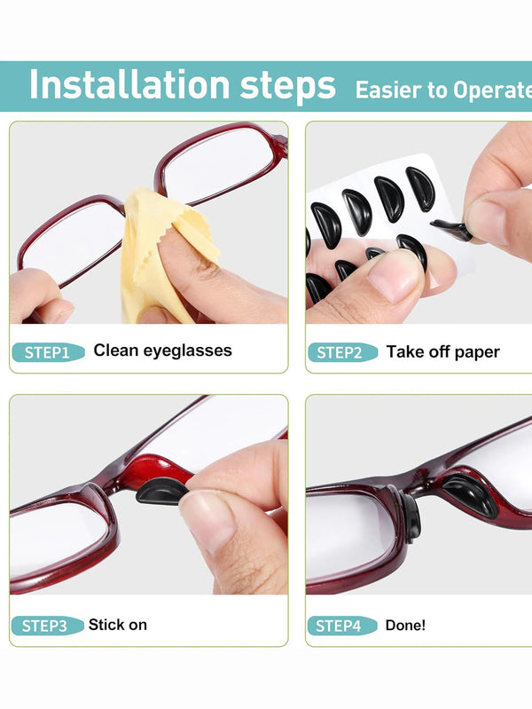 Installation steps showing how to clean eyeglasses, take off paper, stick on nose pads, and finish the process.