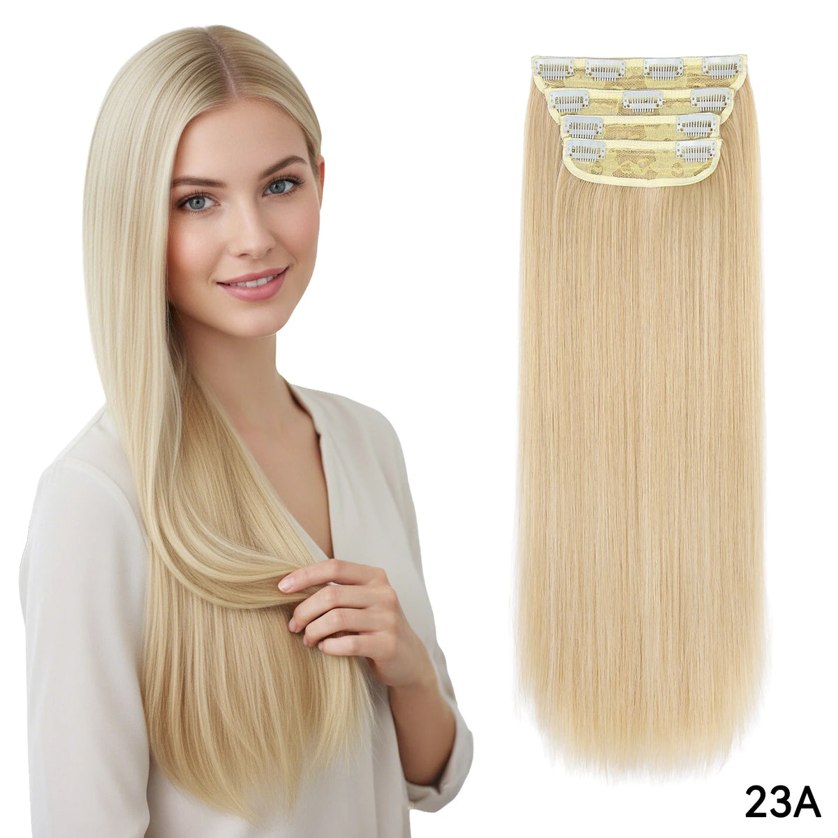 Long, straight blonde hair with a decorative clip attached, shown on a model's shoulder.