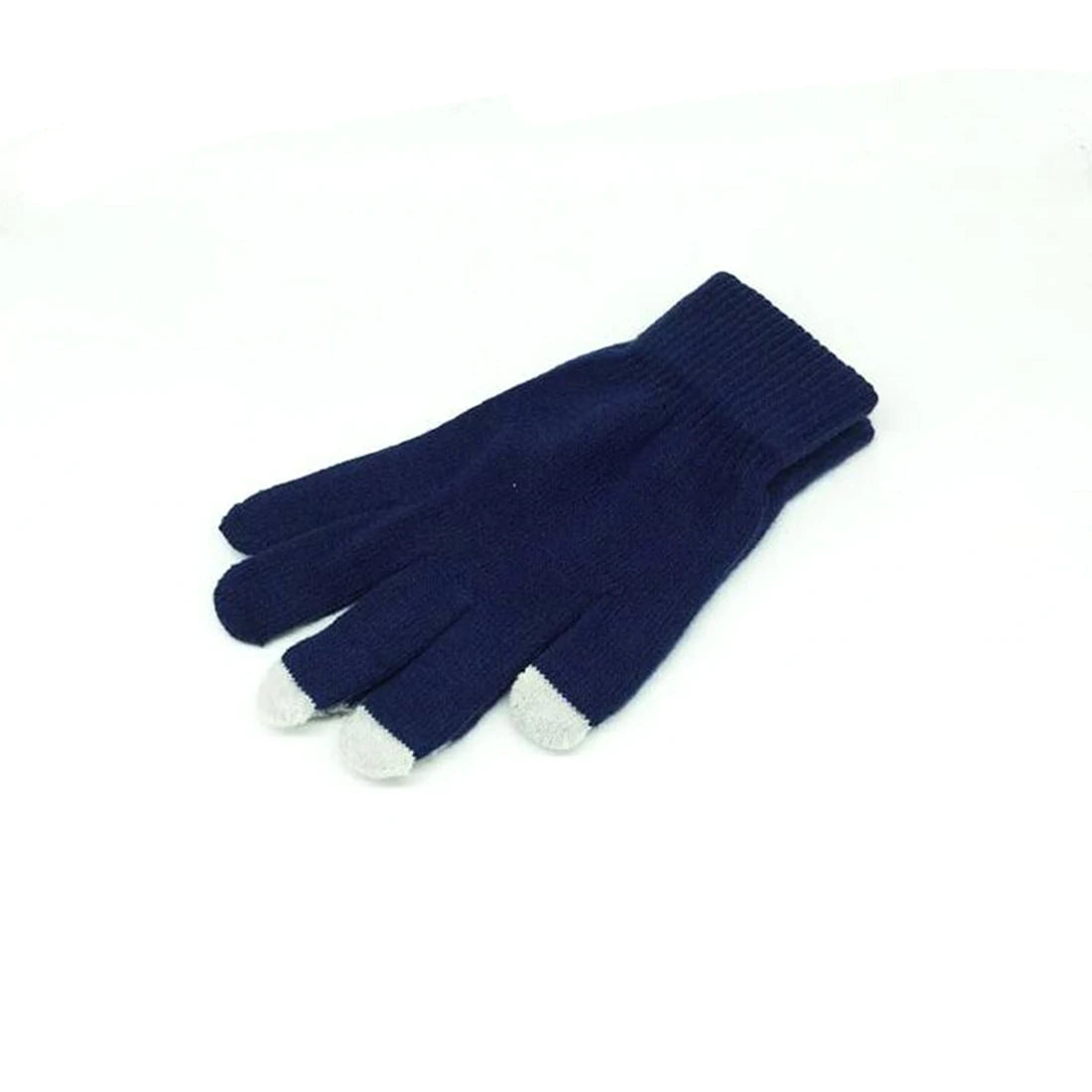 A dark navy blue knit glove with white cuff trim.