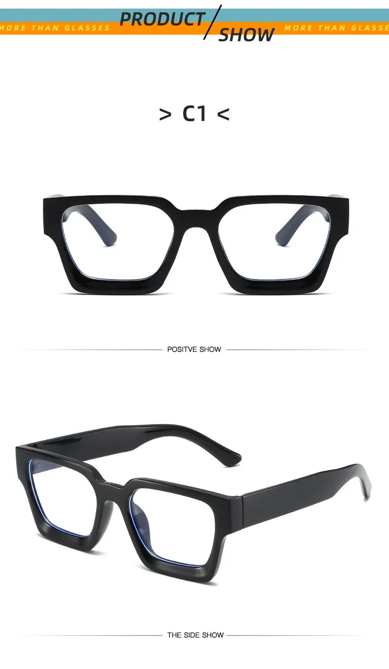 Black square computer glasses shown in front view and side view.