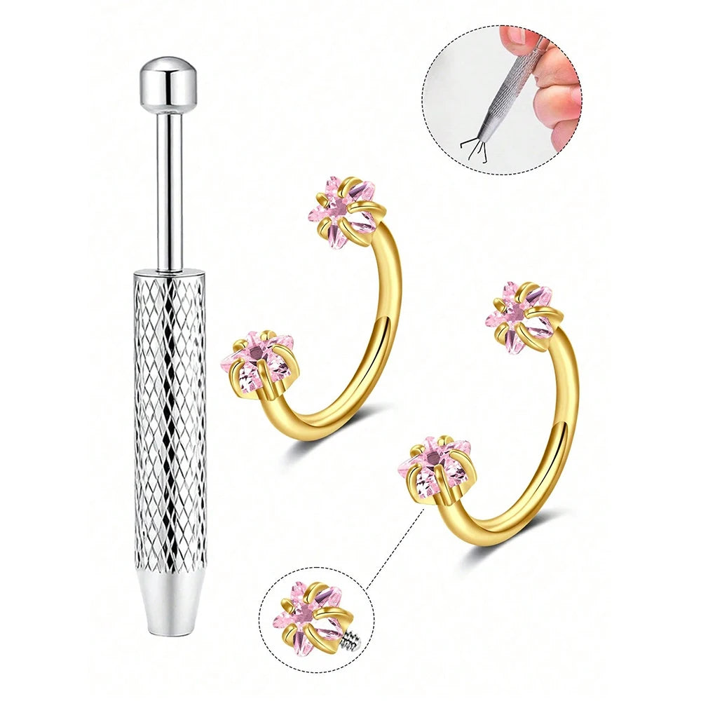 Stainless steel horseshoe nose stud with ball grabber and decorative floral accents