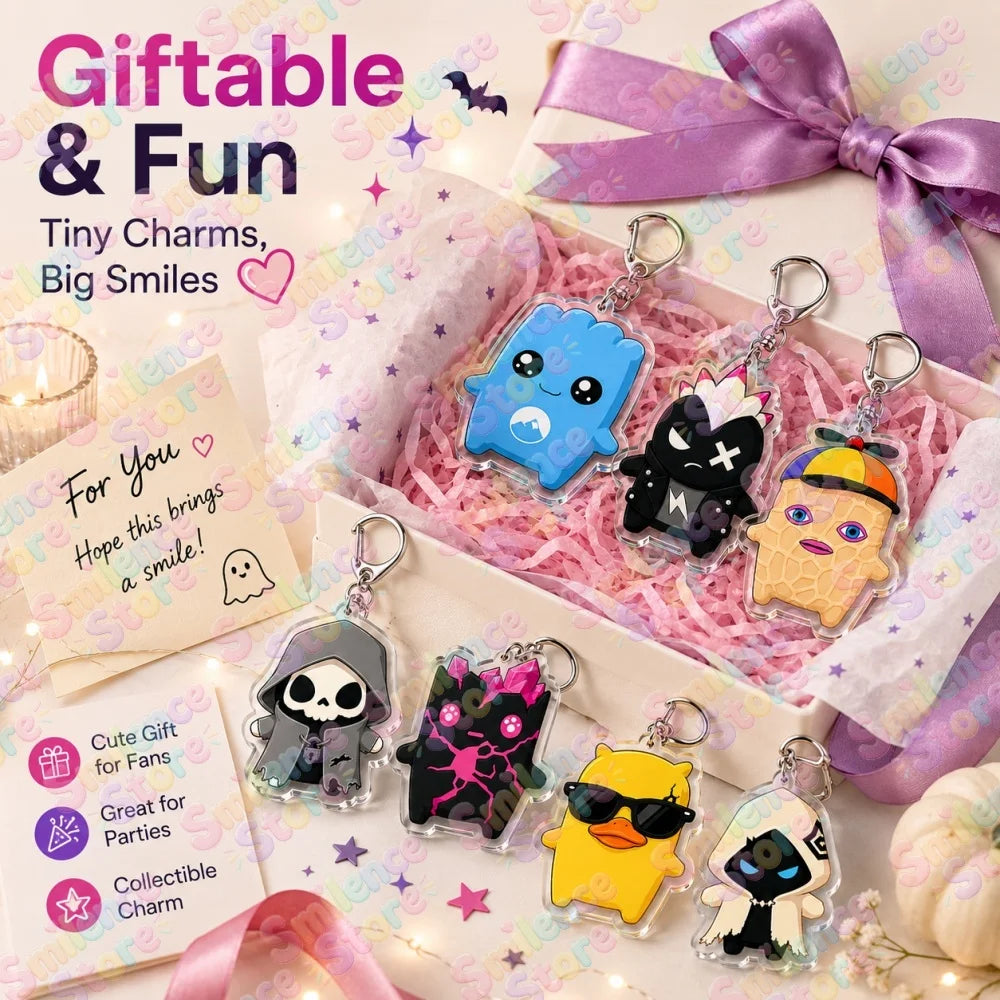 A giftable and fun set of tiny charms featuring cute characters like a blue monster, black cat, and yellow bee.