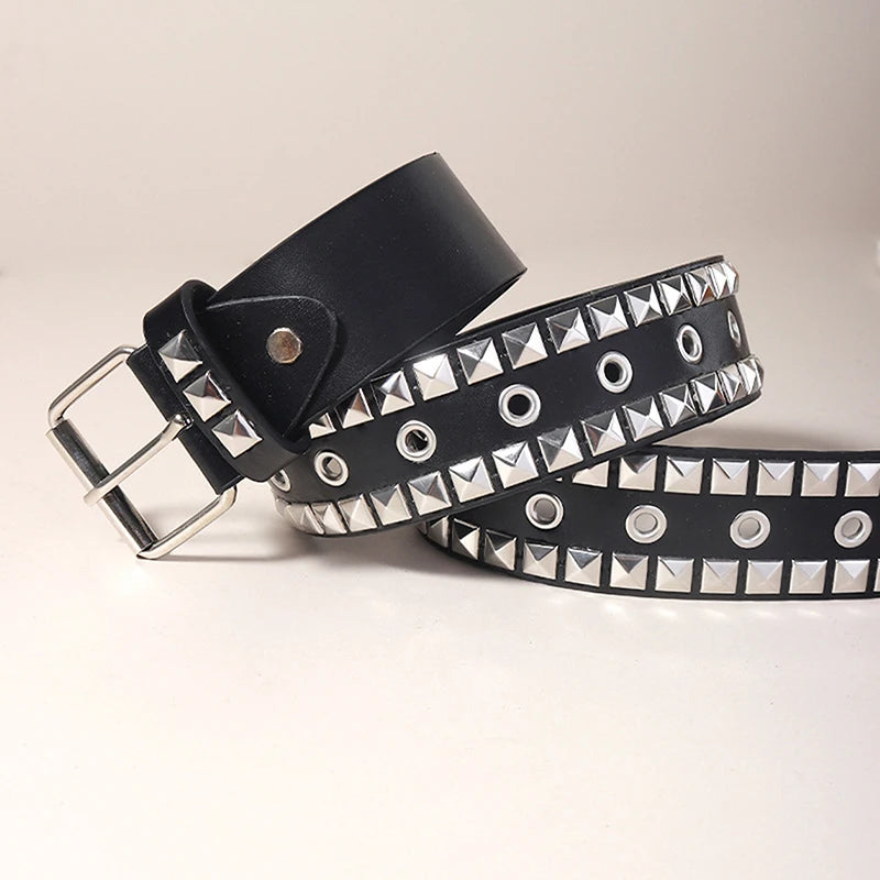 Black leather goth punk belt featuring silver bullet studs and a buckle.