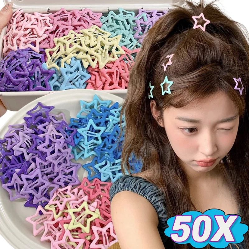 A woman is shown holding a box of colorful Y2K sweet star barrettes hair clips.