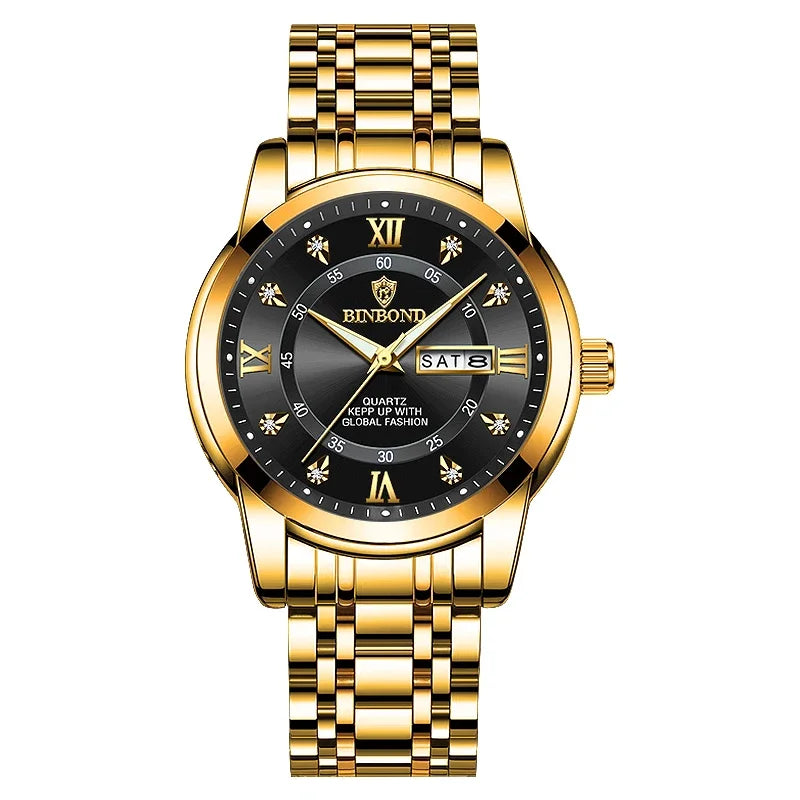 A gold-toned luxury quartz men's watch with a black dial and gold accents.