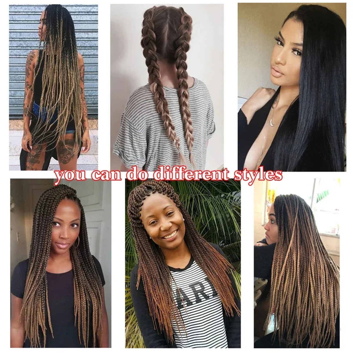 A collage showing various styles of pre-stretched Kanekalon braiding hair extensions on different models.