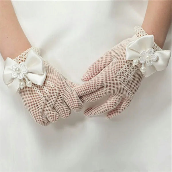 Pair of sheer beige mesh finger gloves with white satin bows for bridal or performance use