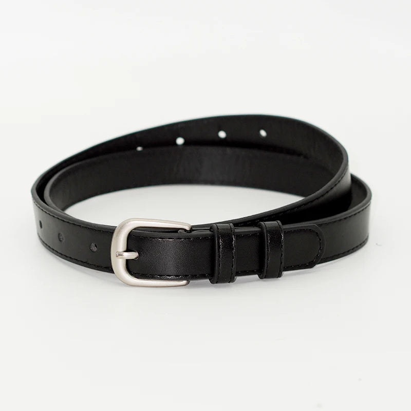 Black leather adjustable belt with a silver buckle shown against a white background.