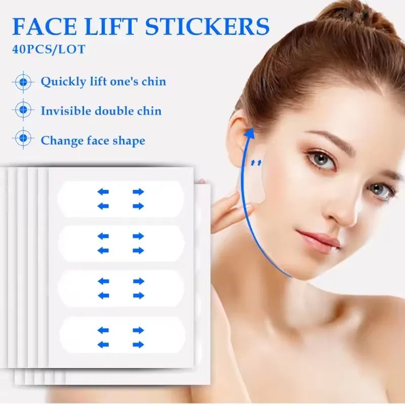 Close-up of a woman applying invisible V-shape face lift stickers to her chin and jawline.