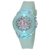 A light mint green fashion watch featuring a pink unicorn design on the face and a clear crystal case.