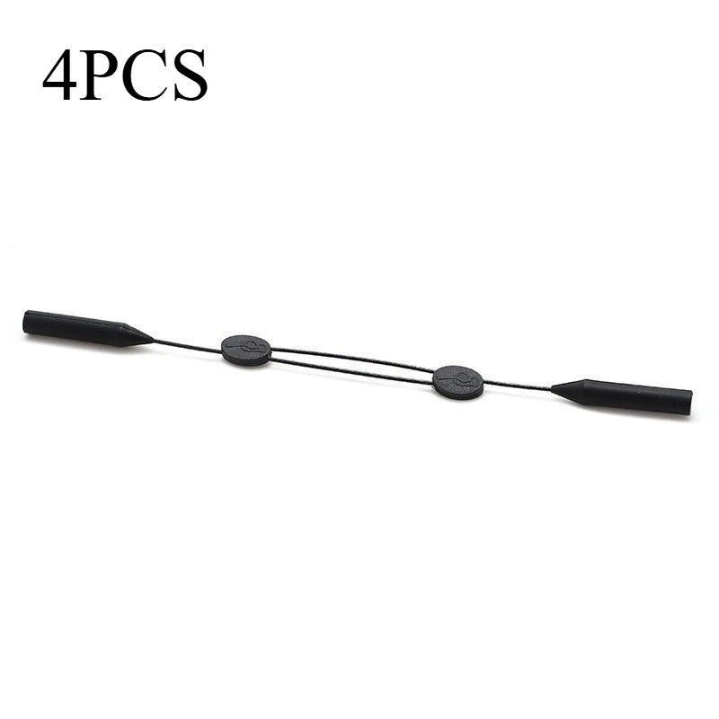 Four black silicone anti-slip eyeglass straps for secure retainer attachment.