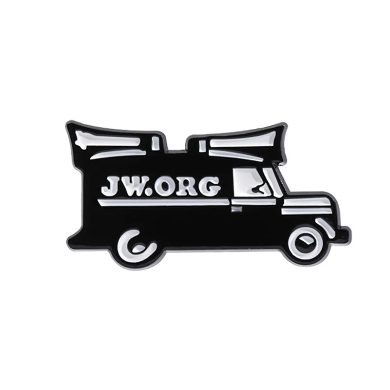 Broche émaillée noire en forme de camion vintage avec le texte JW.ORG sur le côté.