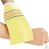 Yellow exfoliating bath washcloth with striped accents on a person's arm.