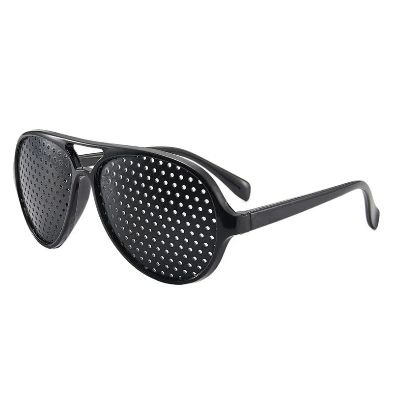Black vision correction pinhole glasses with a flexible arm for eye fatigue relief