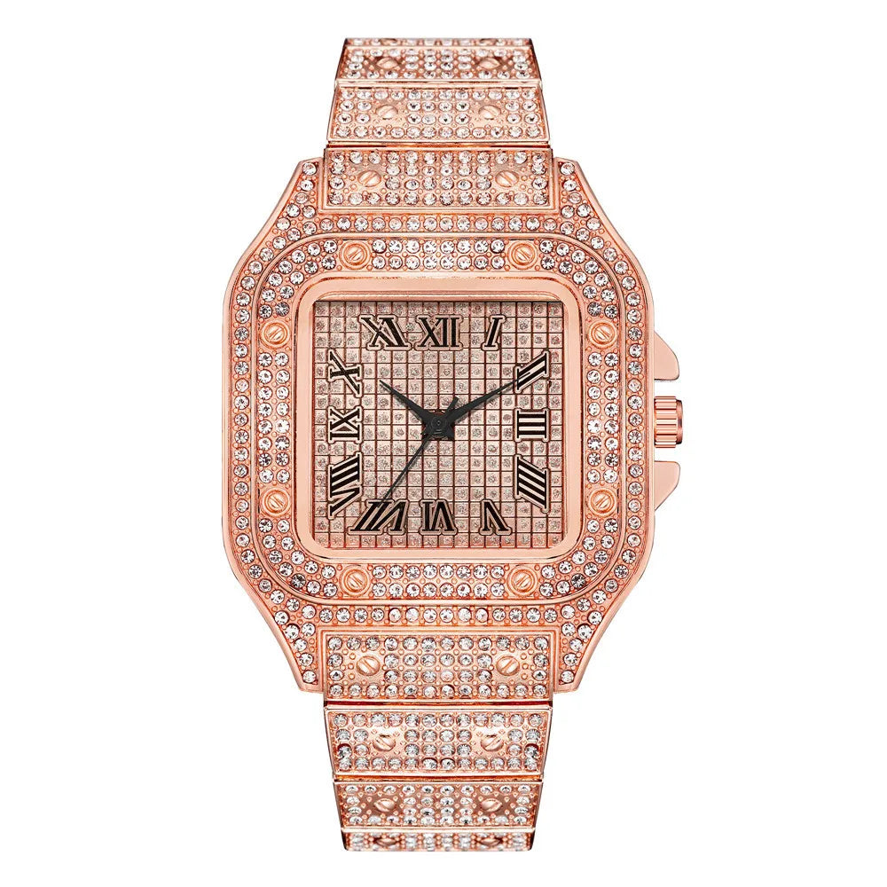 A rose gold luxury men's quartz business watch with a diamond-encrusted bezel and bracelet.